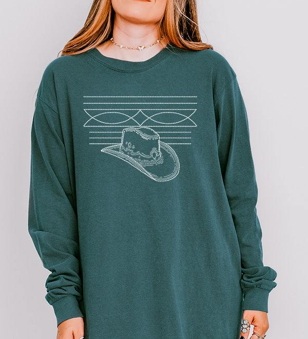 Cowboy Hat Boot Stitch Long Sleeve