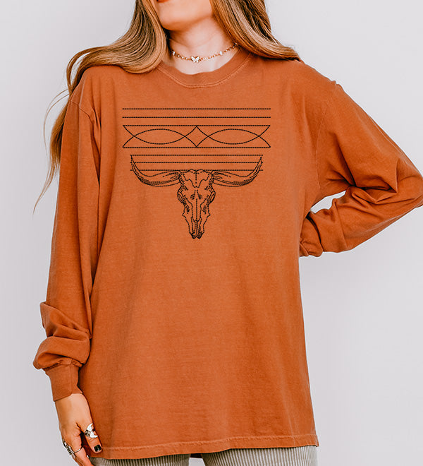 Cow Skull Boot Stitch Long Sleeve